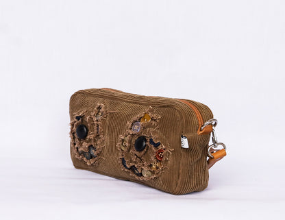Brown [Distressed Eyes] Corduroy Medium Crossbody Bag