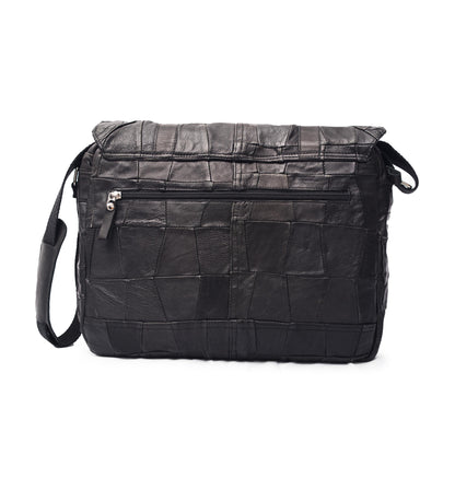 Jet-Black Patchwork Leather Messenger Bag