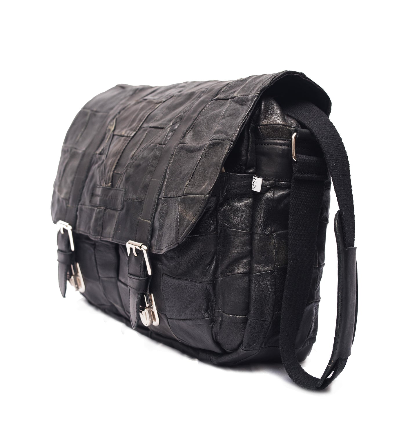 Jet-Black Patchwork Leather Messenger Bag