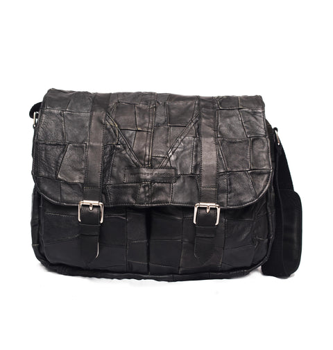 Jet-Black Patchwork Leather Messenger Bag